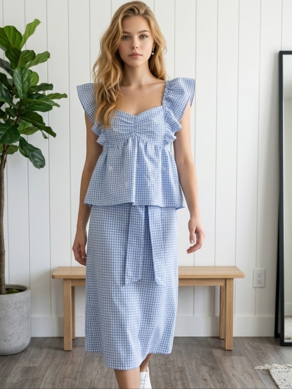 Boutique Blue Gingham Tie-Back Blouse